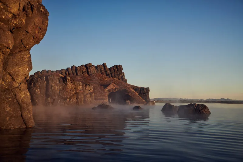 Steam rising in the rock canyon leading to the Sky Lagoon infinity edge