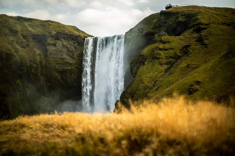 Skogafoss waterfall on Iceland's south coast, paired with a Sky Lagoon finish